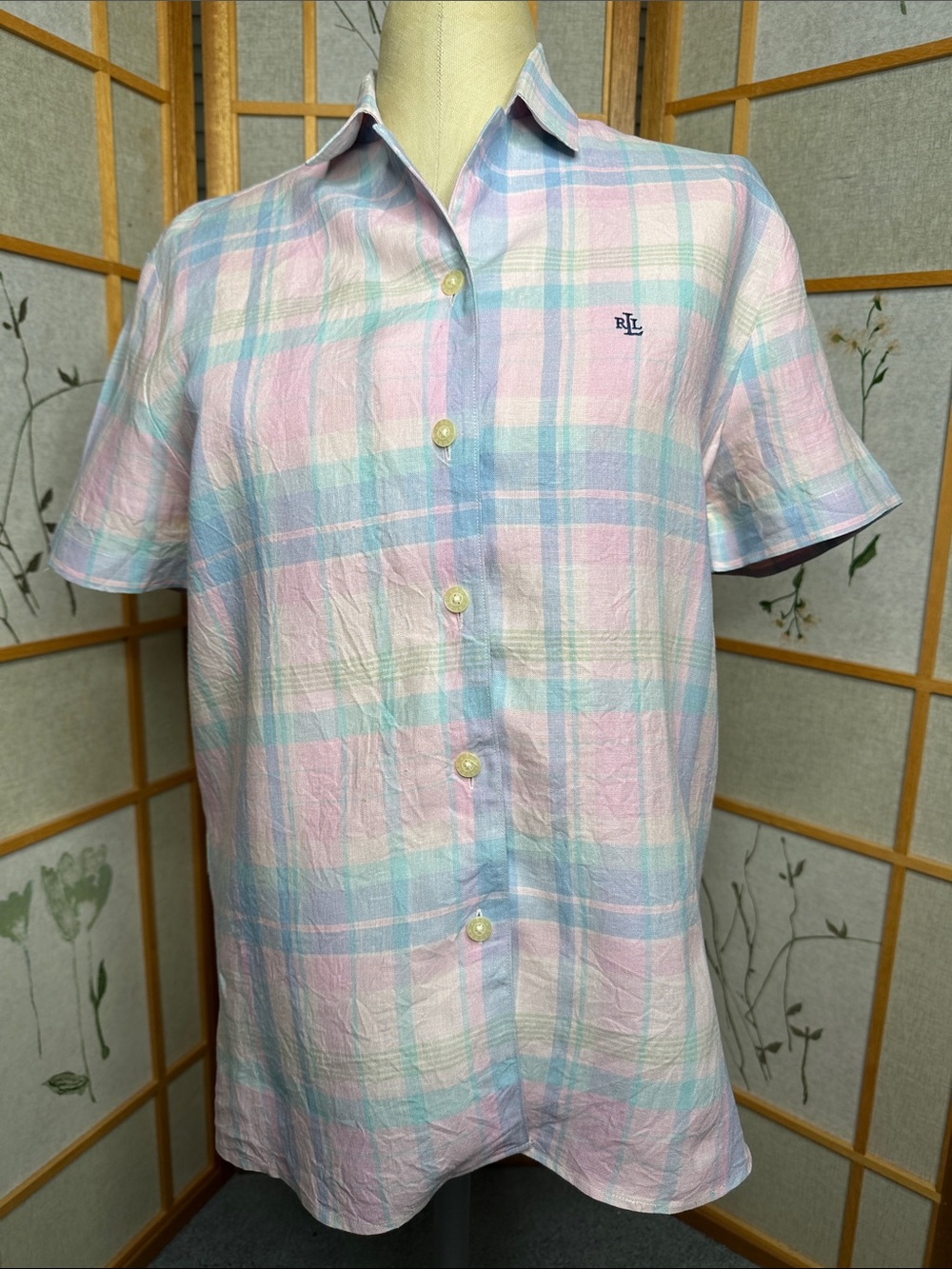 vintage Lauren Ralph Lauren short-sleeve button-up plaid linen shirt Size Small